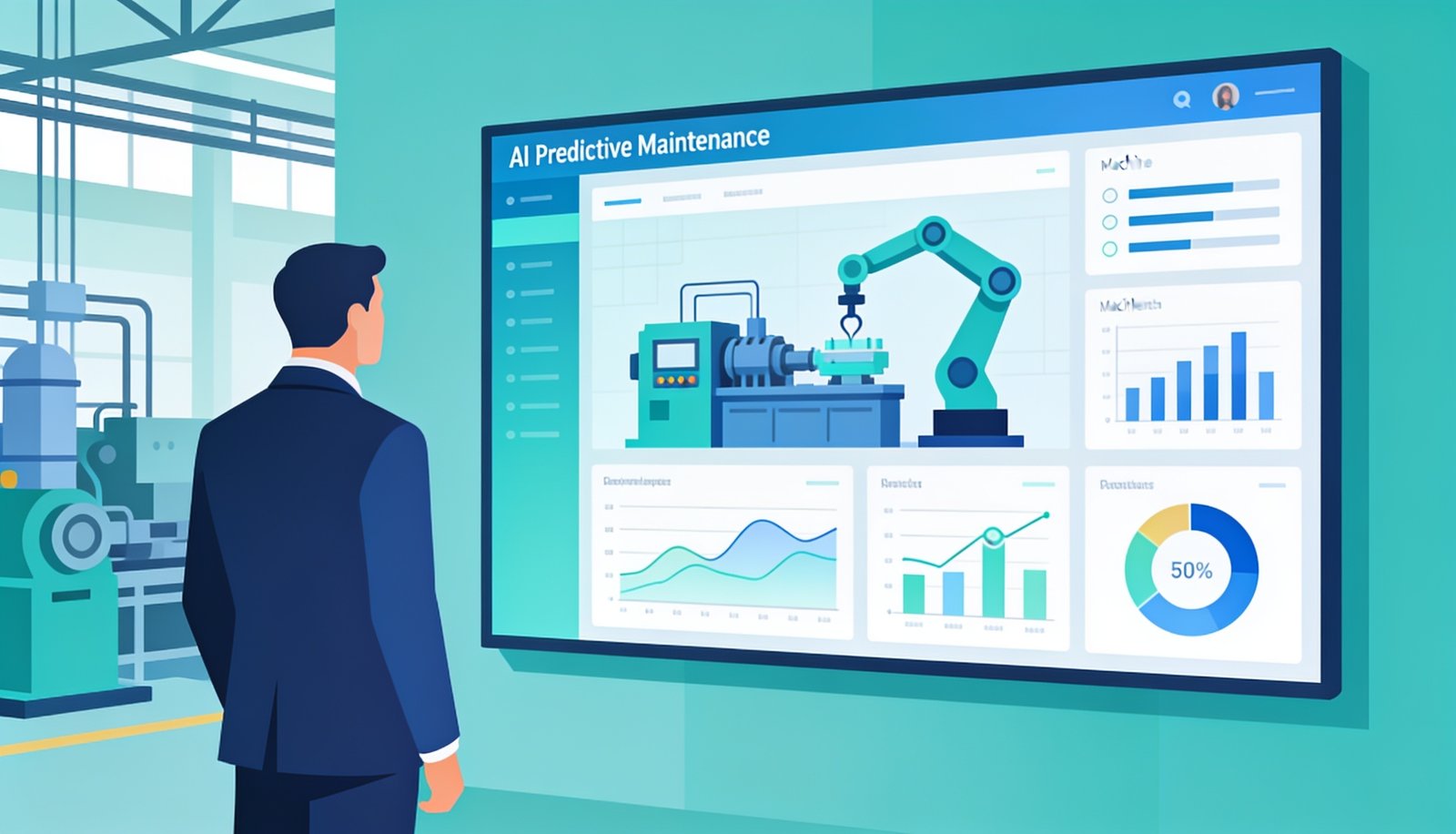Factory manager looking at an AI predictive maintenance dashboard showing machine health