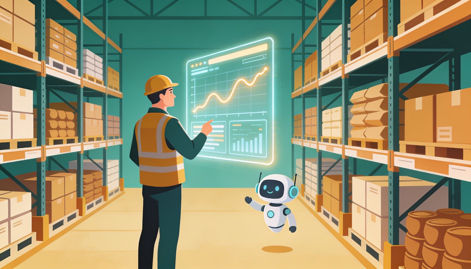AI demand forecasting dashboard showing accurate predictions and stocked shelves
