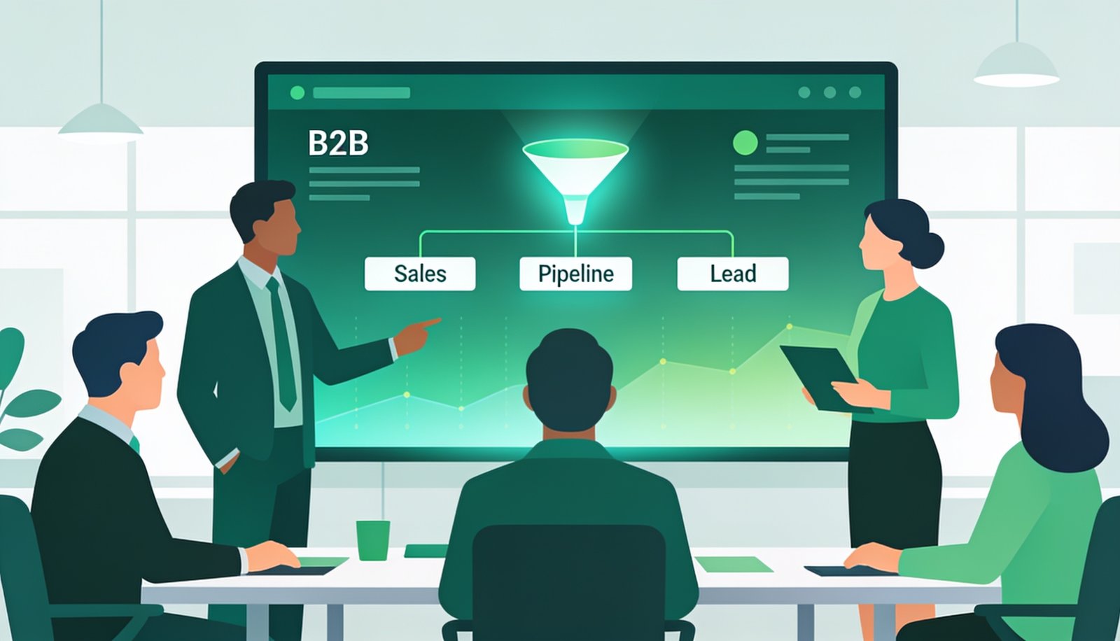 Sales team reviewing a B2B sales pipeline and lead funnel dashboard
