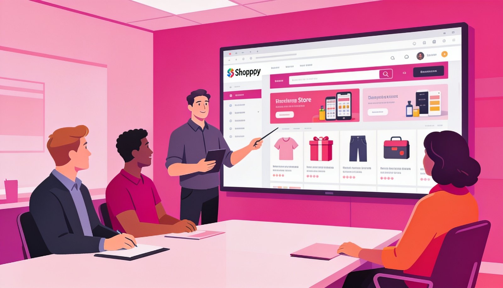 Development team presenting a Shopify store design to a client