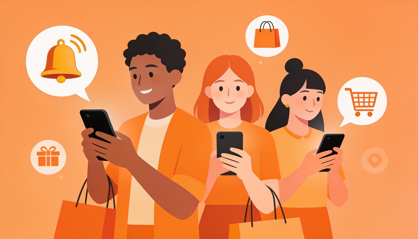 Customers using a mobile app with notifications on their phones