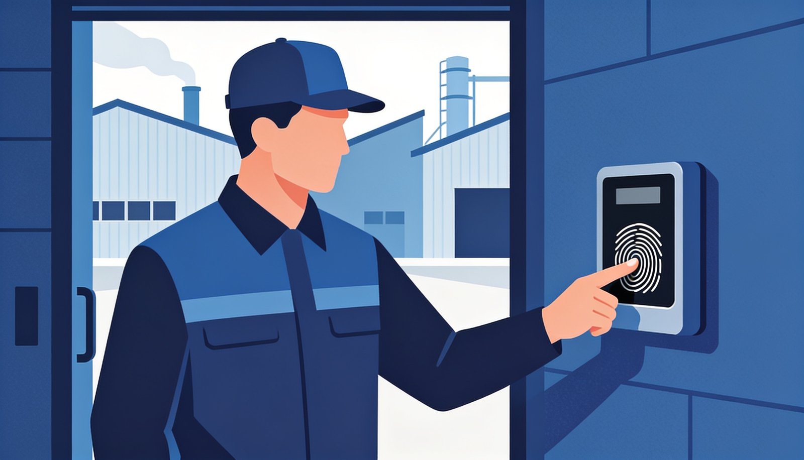 Factory worker using a biometric thumbprint scanner at the entrance