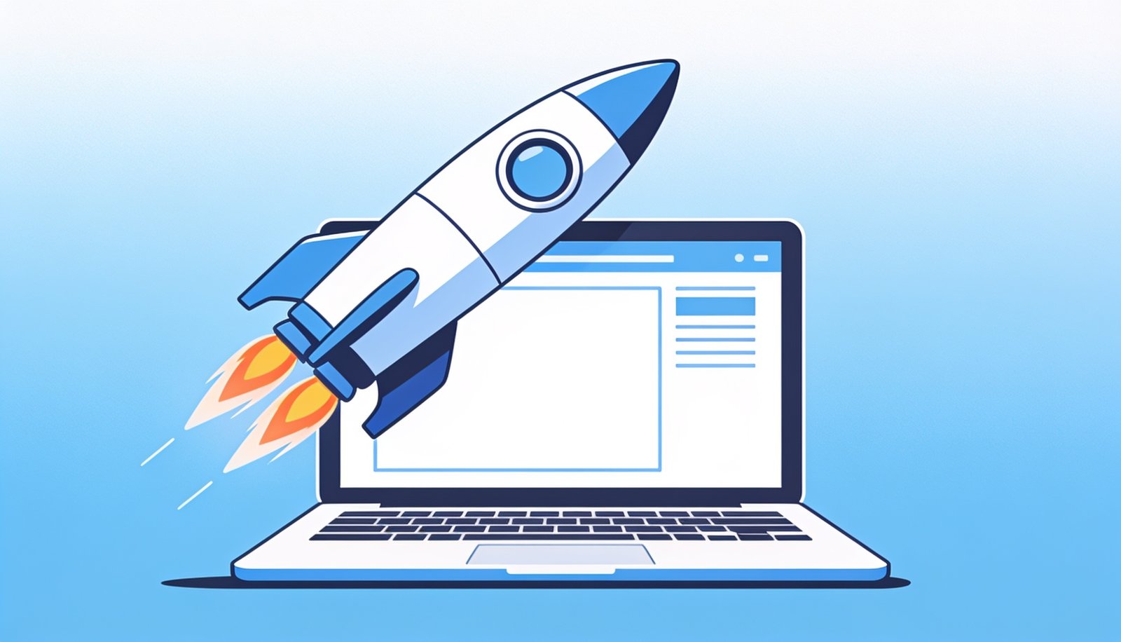 A fast rocket launching from a laptop screen representing a fast loading website