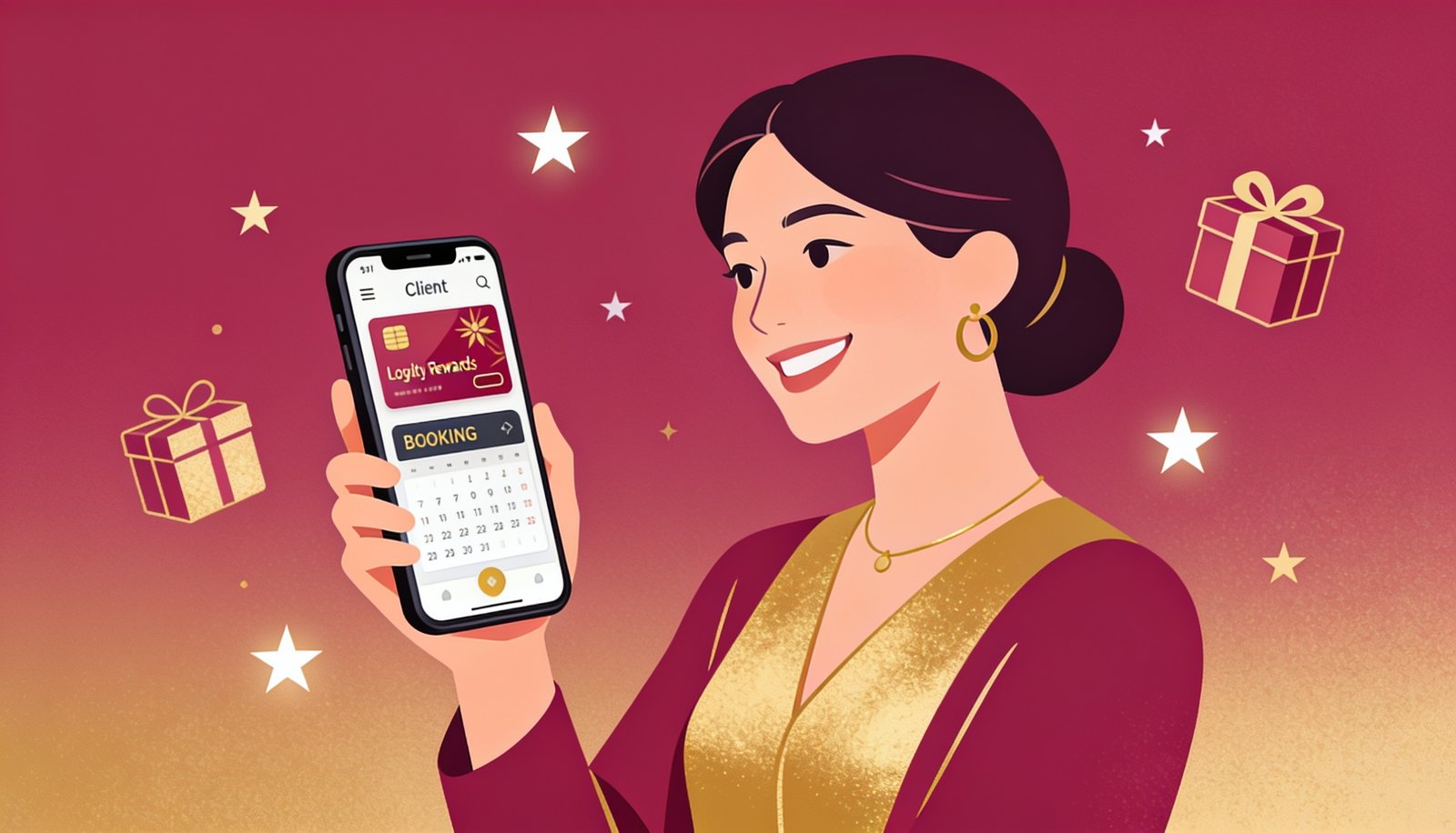 Client viewing loyalty rewards and booking app on phone
