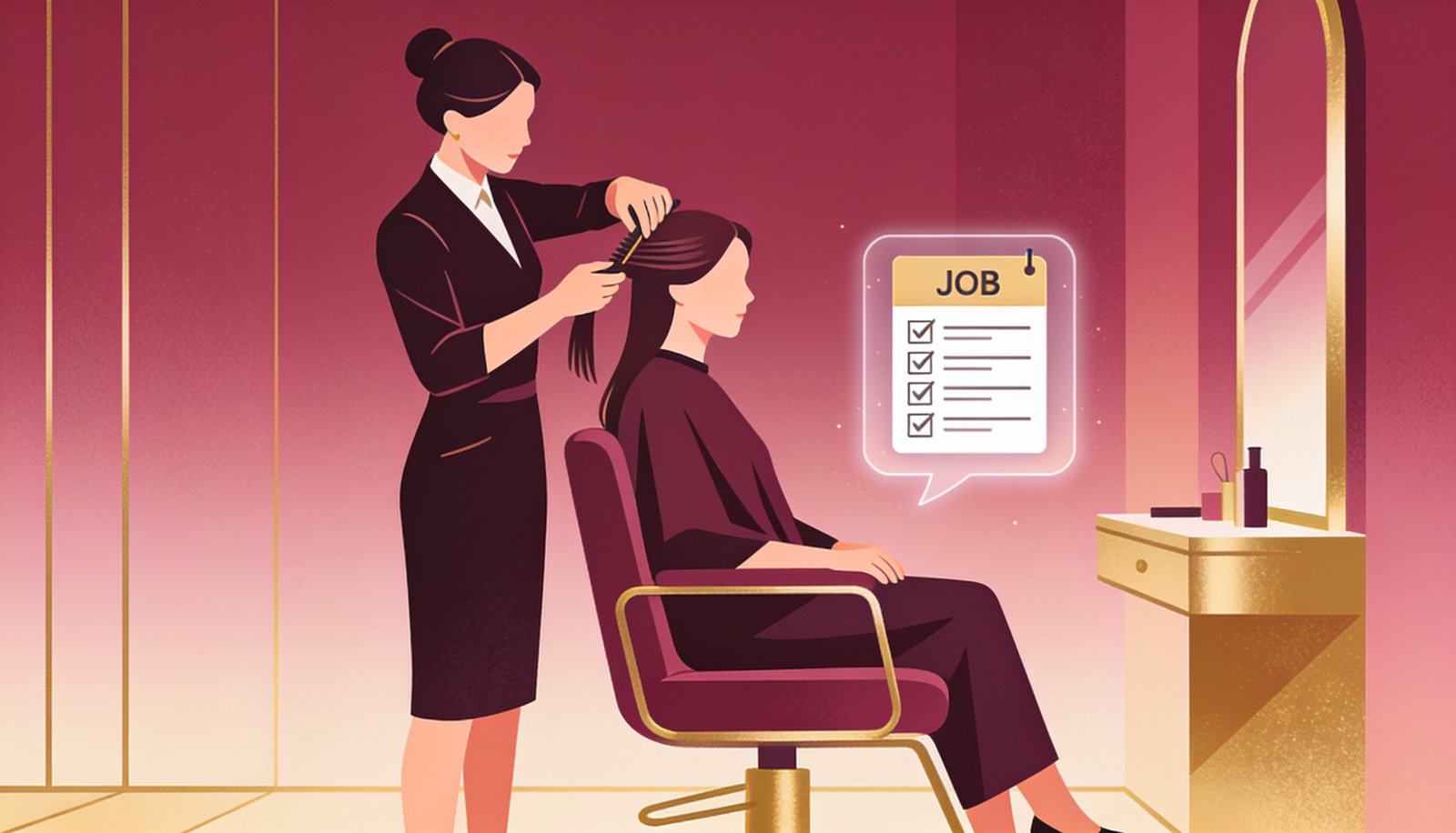 Hairstylist attending client with job card tracking