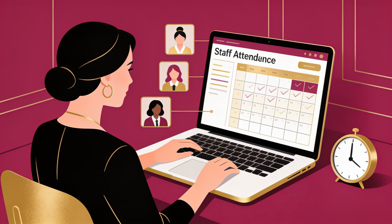 Salon manager reviewing staff schedule and attendance dashboard