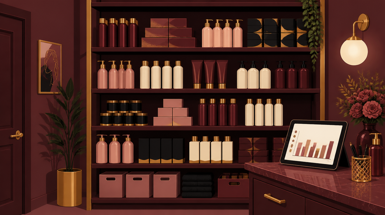 Salon stock room shelf with inventory tracking dashboard