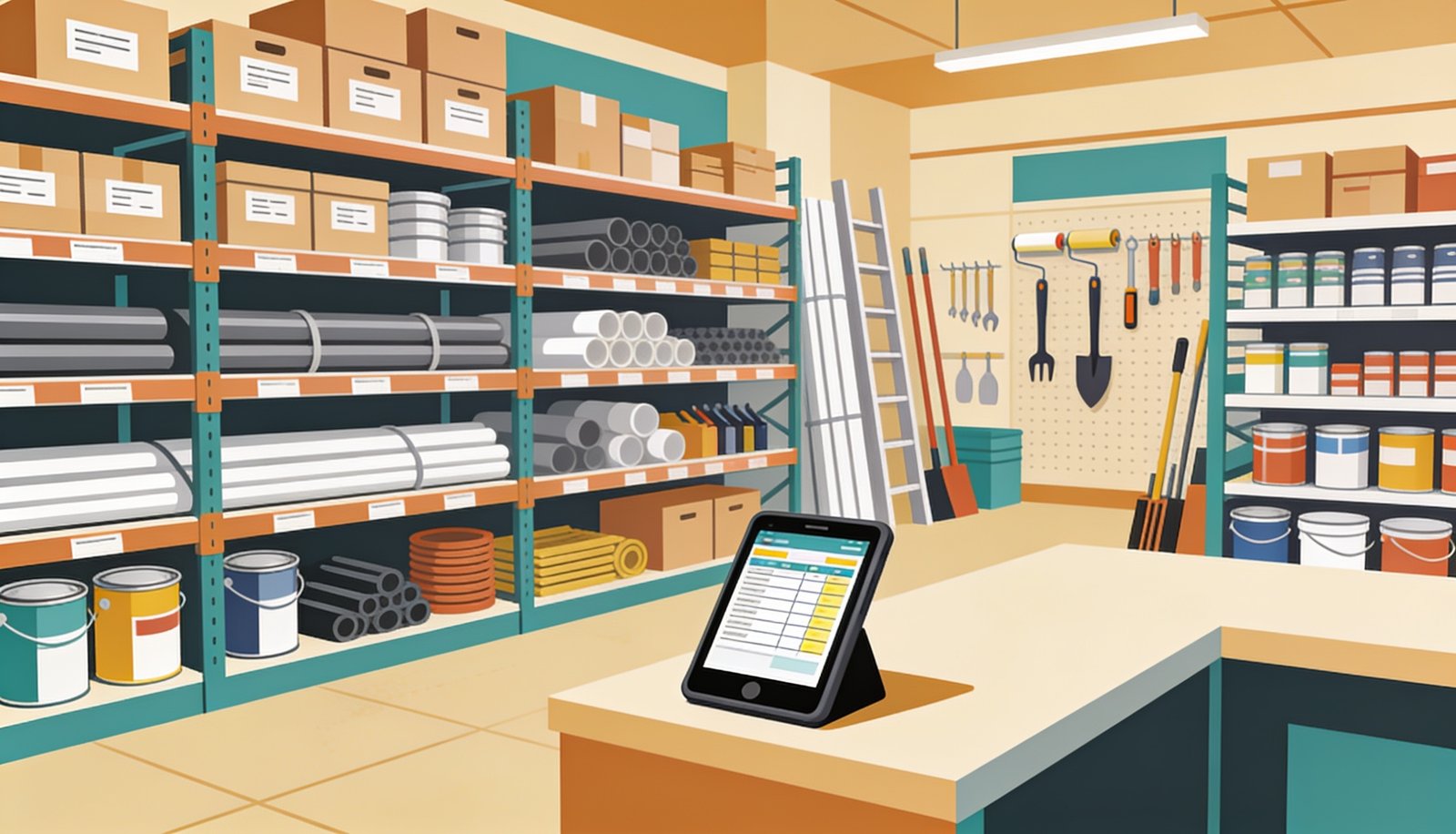 Wide view of organized hardware store shelves with a tablet showing a stock report
