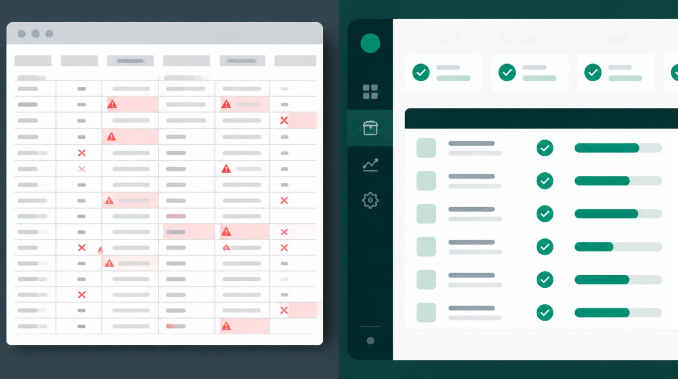 Cluttered spreadsheet errors compared to clean dedicated software dashboard