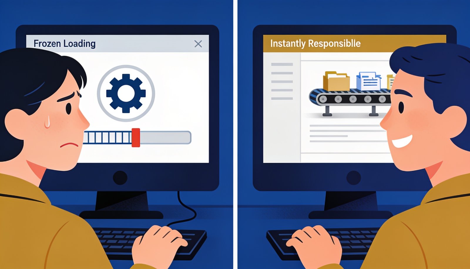 Laravel queues comparison showing frozen loading screen versus instant responsive app