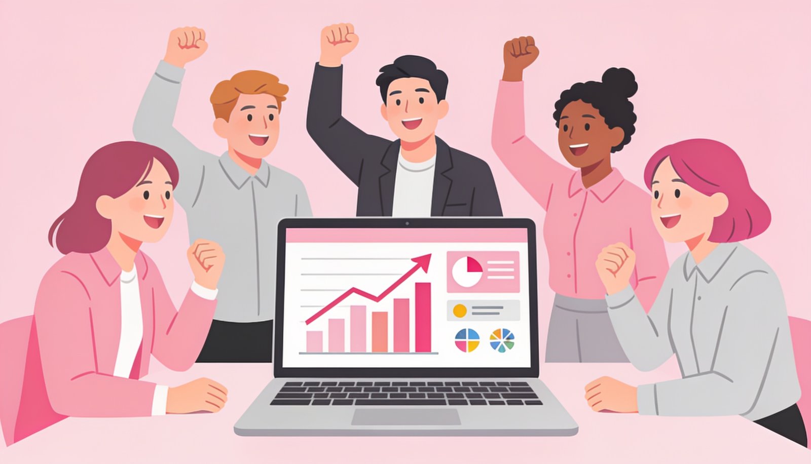 Marketing team celebrating around a laptop showing rising sales graph and ad metrics