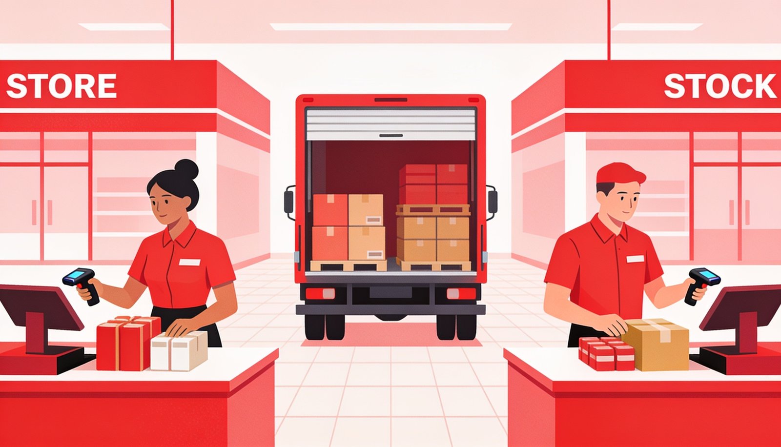 Retail staff at a point of sale counter with stock transfer between branches