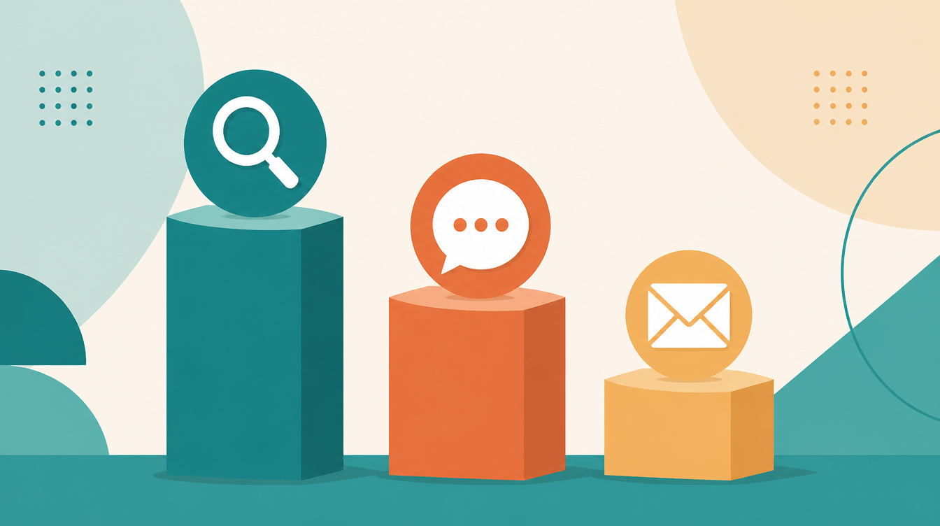 Three marketing channel icons representing search, social and email budget allocation