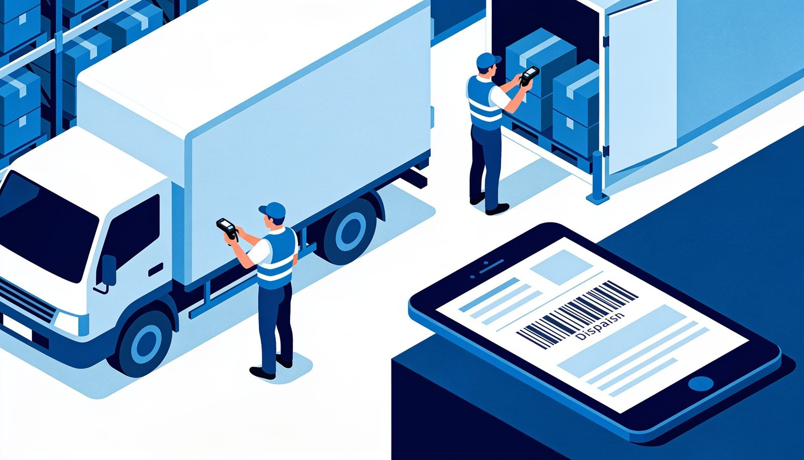 Warehouse workers loading delivery trucks using a digital dispatch tablet
