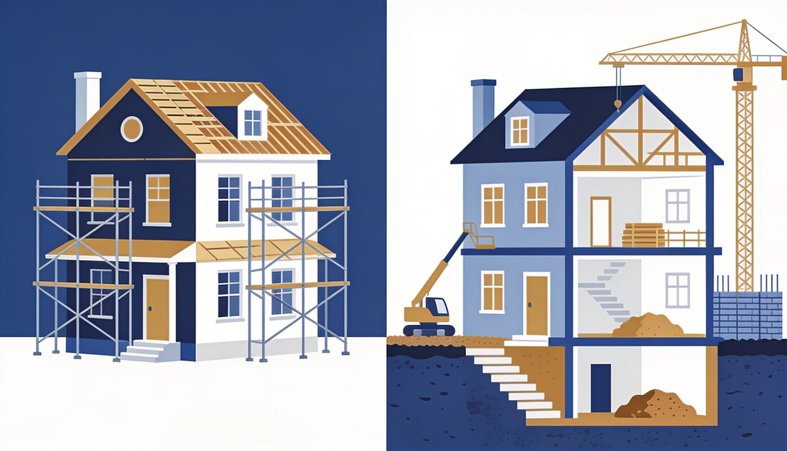 Website redesign versus rebuild shown as renovation compared to new construction