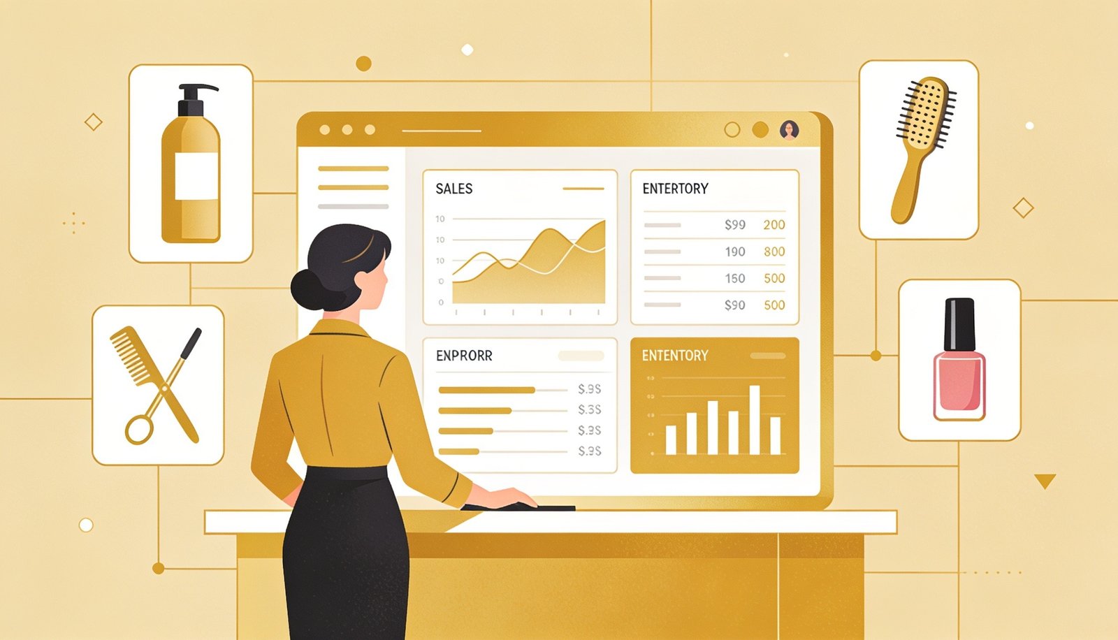 Salon manager reviewing sales and inventory reports on a dashboard