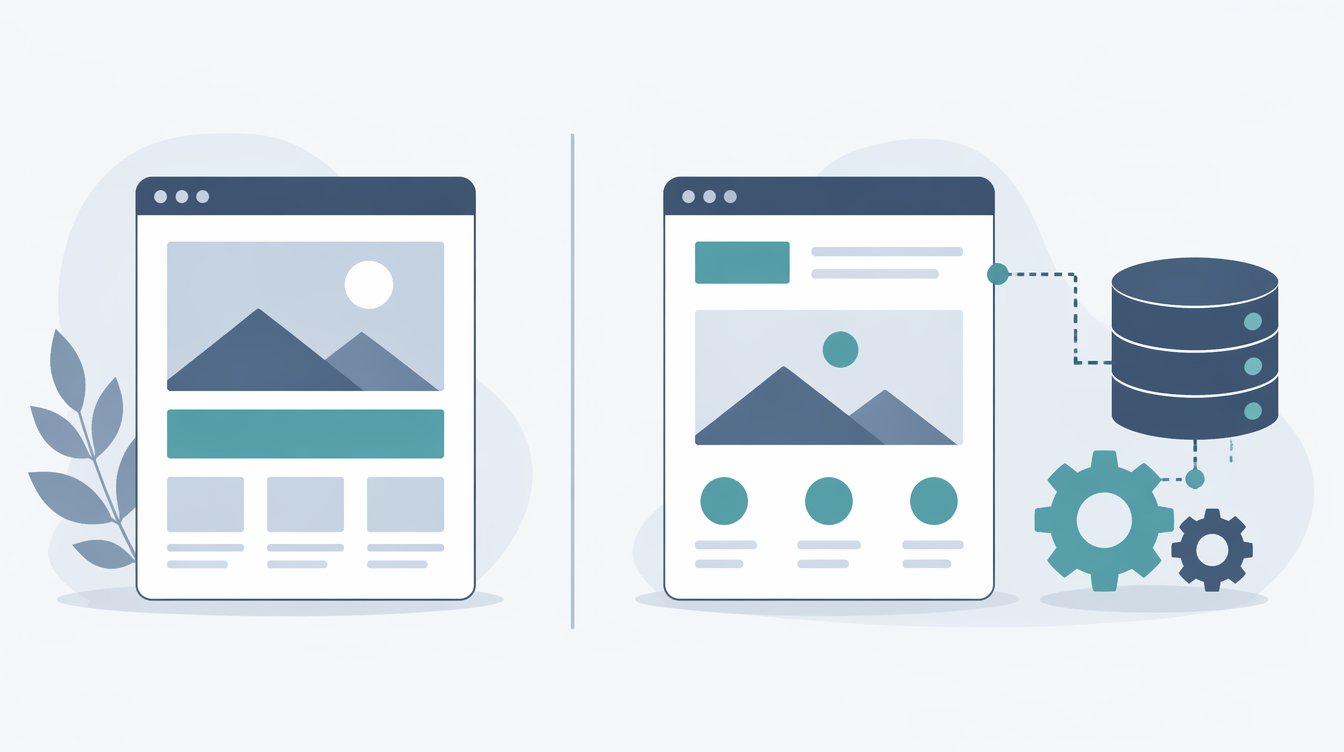 Side by side comparison of static page structure and dynamic page structure with database