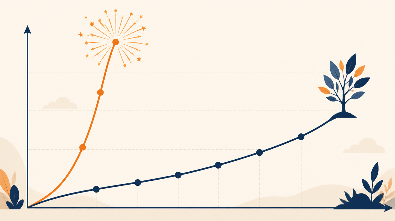 Slow steady SEO growth curve compared to fast paid ads spike