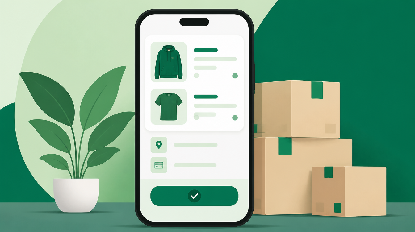 Mobile phone showing an online clothing store checkout screen with delivery boxes