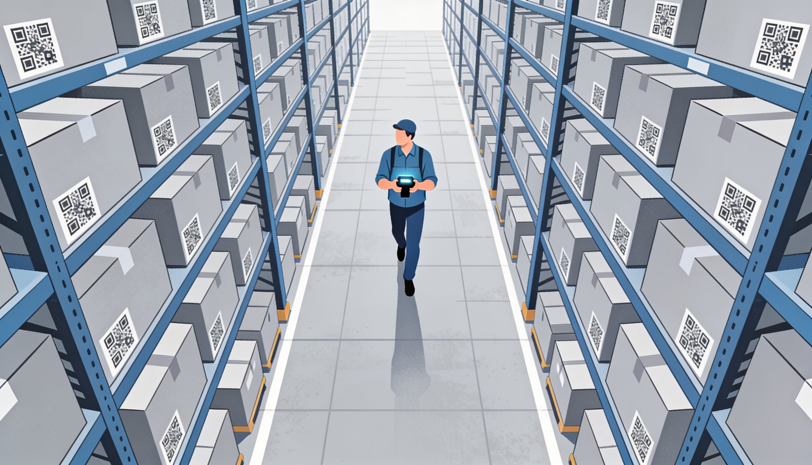 Overhead view of warehouse aisle with QR-labeled boxes and a worker scanning stock