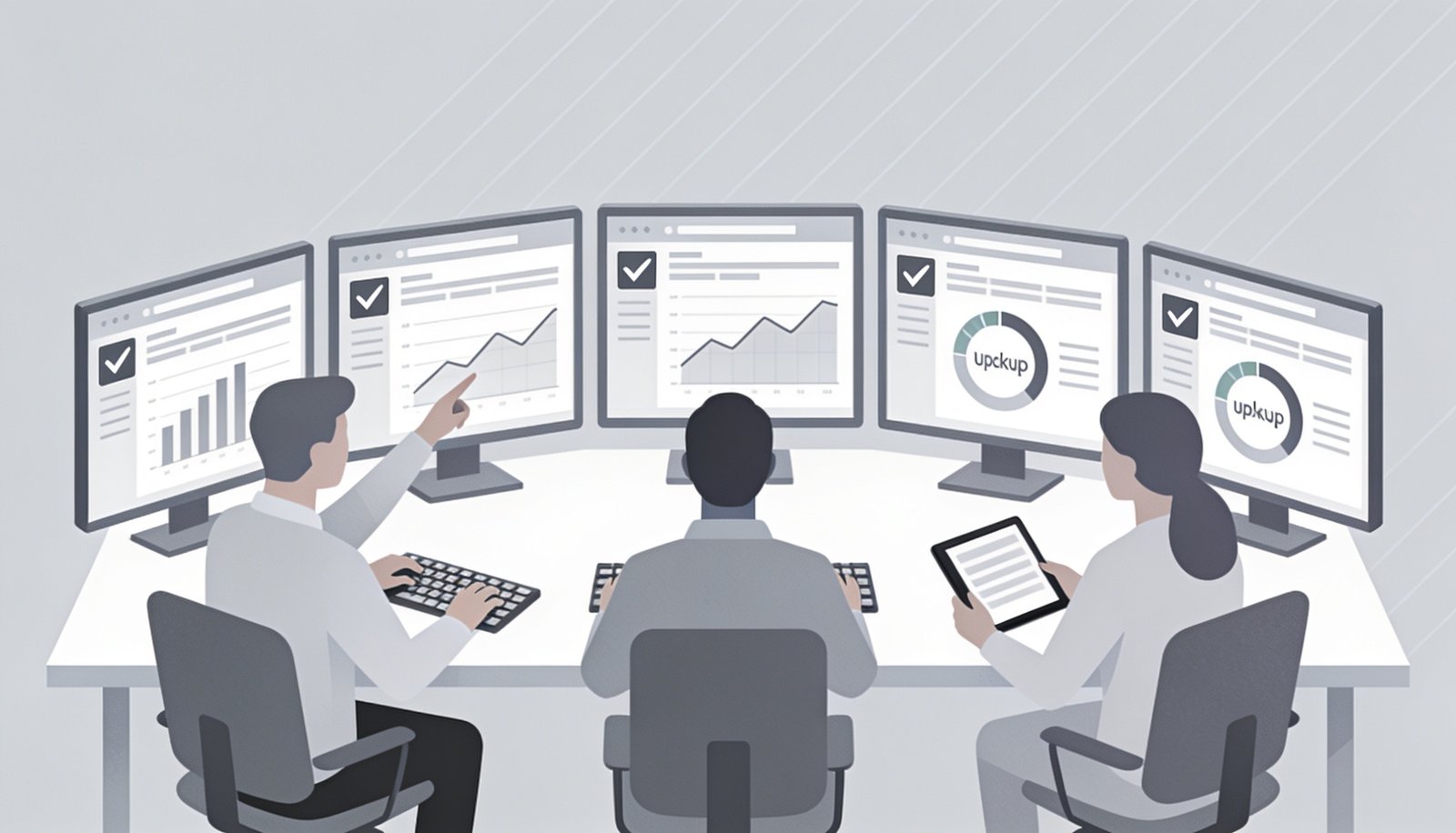 Support team monitoring website uptime and backup status on screens
